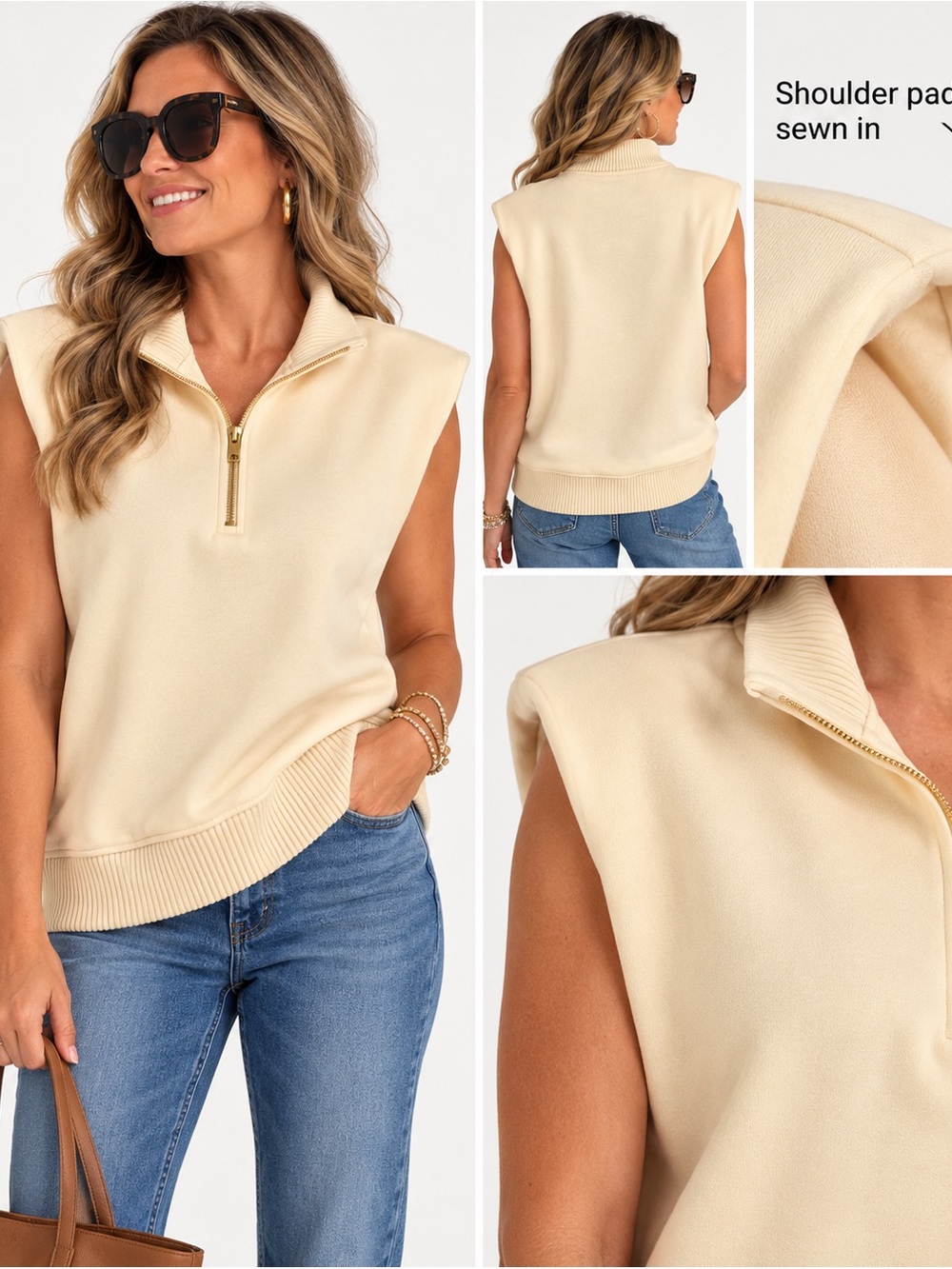 NWT white birch Sleeveless Half-Zip Knit Top - Cream